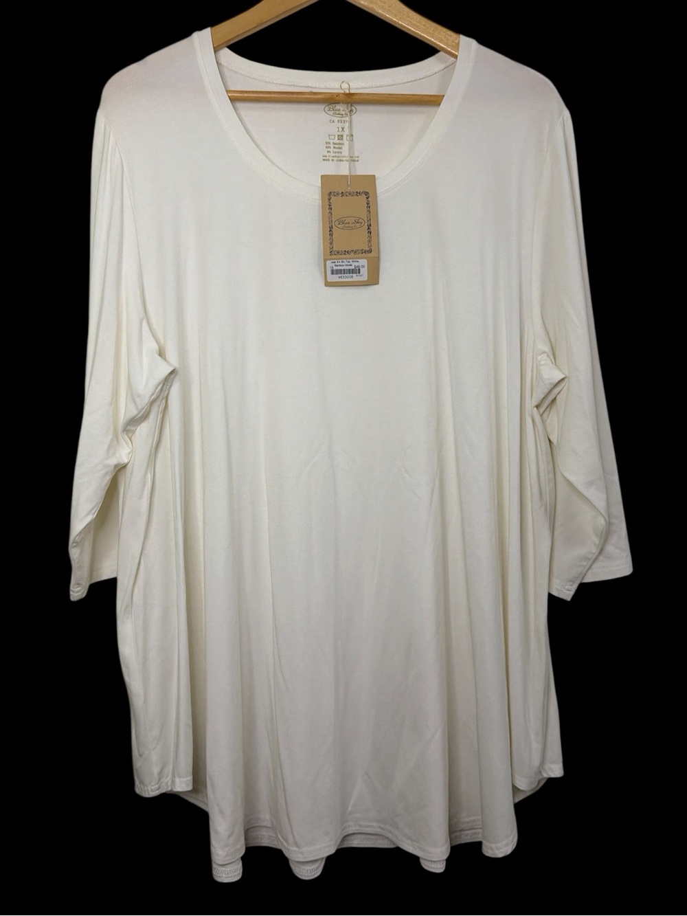 Blue Sky Clothing Co Jazz 3/4 Sleeve Top White Bamboo 1X